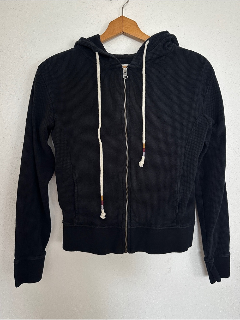 PACT Organic Cotton Black Waffle Knit Thermal Zip Up Hoodie Small Excellent